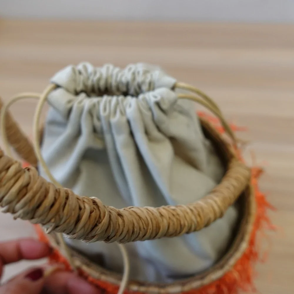 Orange Fringe‎ Straw Bucket Bag Natural Tan Basket Tote Summer Beach Boho KAYU